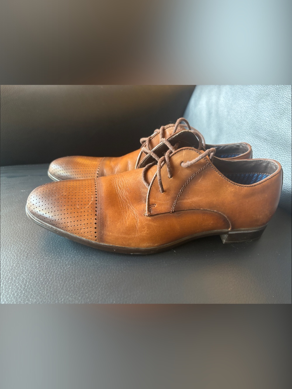 Steve Madden Men's Tan Brown Leather Perforated Cap-Toe Derby Shoes